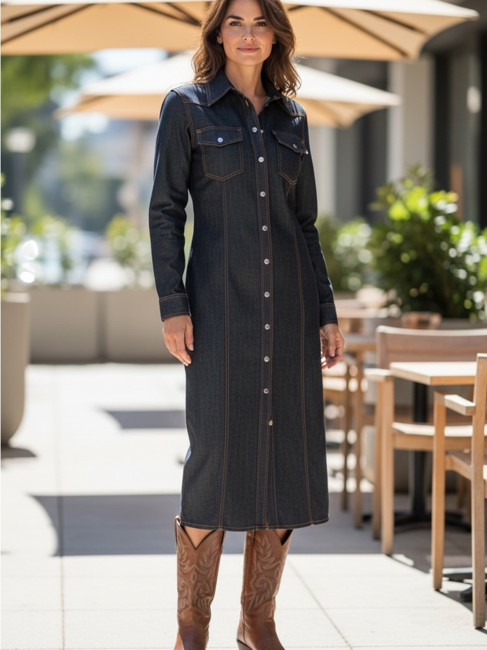 Dark Indigo Long-Sleeve Denim Midi Shirt Dress